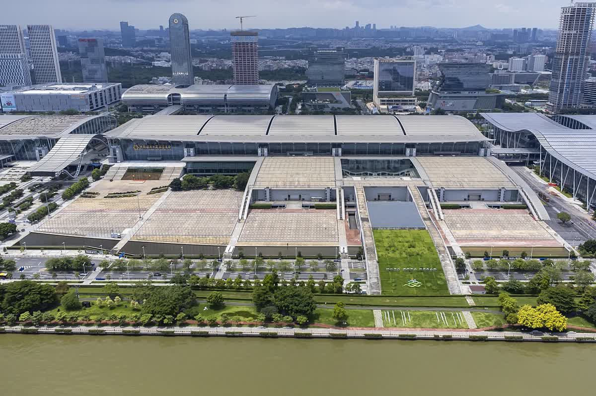 Aerial view of Zone A of the Canton Fair Complex in Pazhou, Guangzhou
