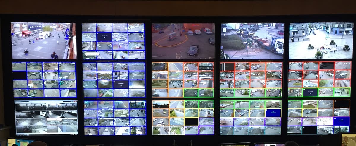 Vários fluxos de vigilância dispostos num videowall numa sala de controlo