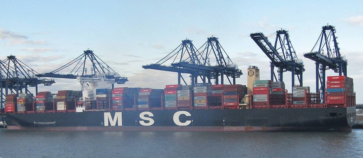 Container ship at the Port of Felixstowe, the UK gateway for freight from China