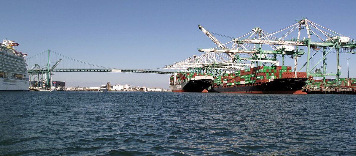 Container ships at the Port of Los Angeles, destination for China to USA sea freight