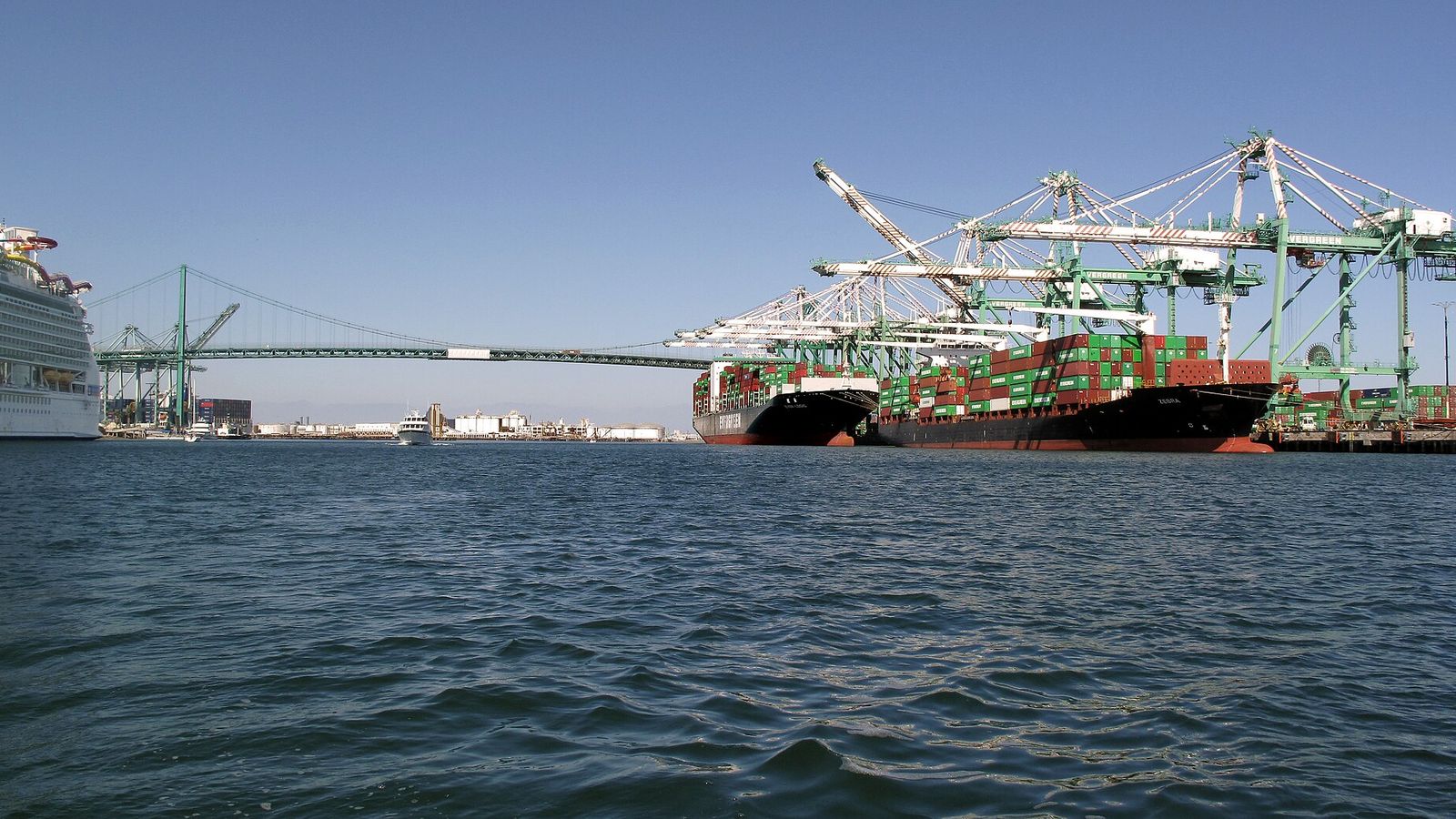 Container ships and gantry cranes at the Port of Los Angeles, the destination port for China to USA sea freight